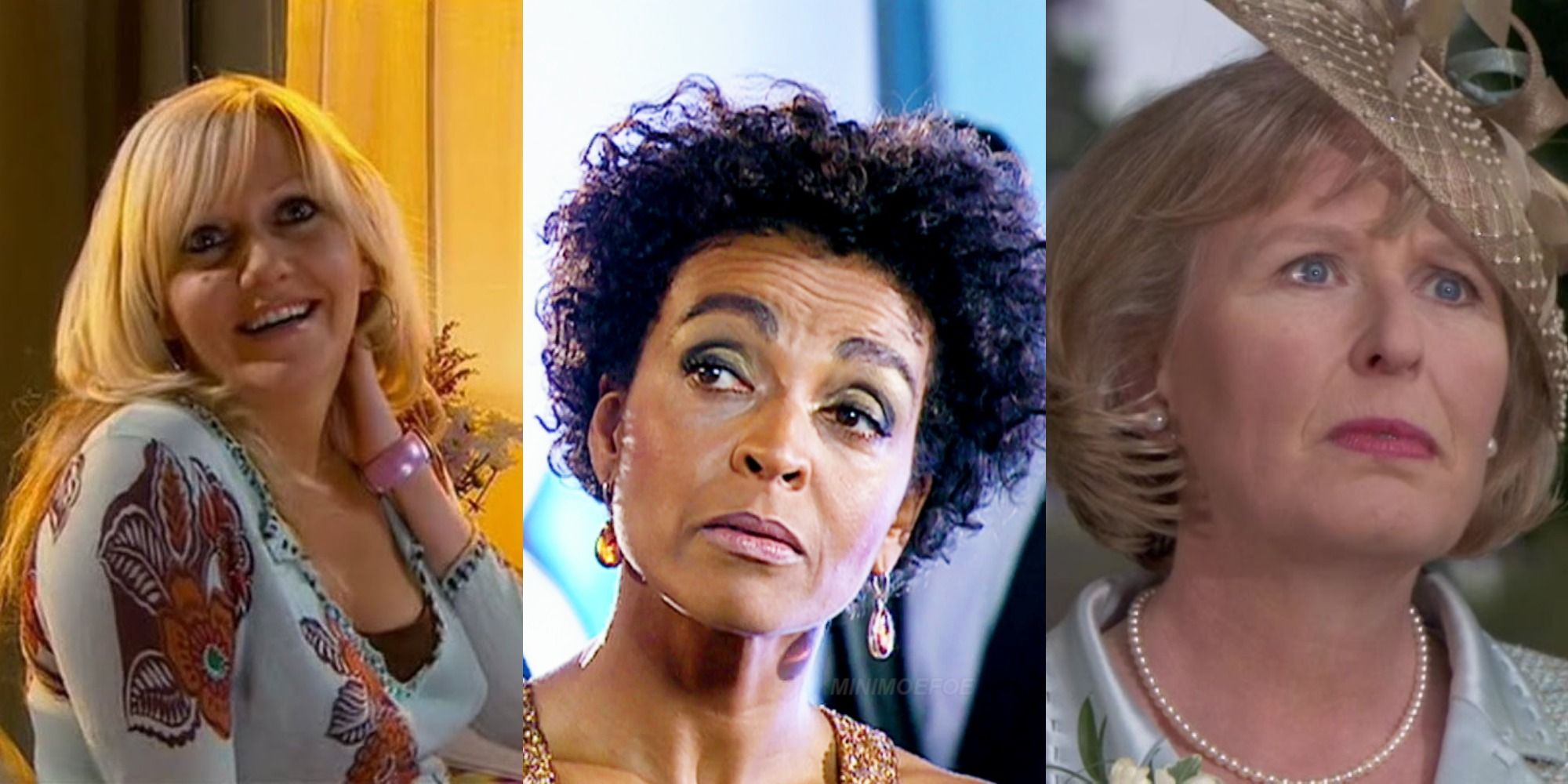 A split image of Jackie Tyler, Francine Jones, and Sylvia Noble in Doctor Who
