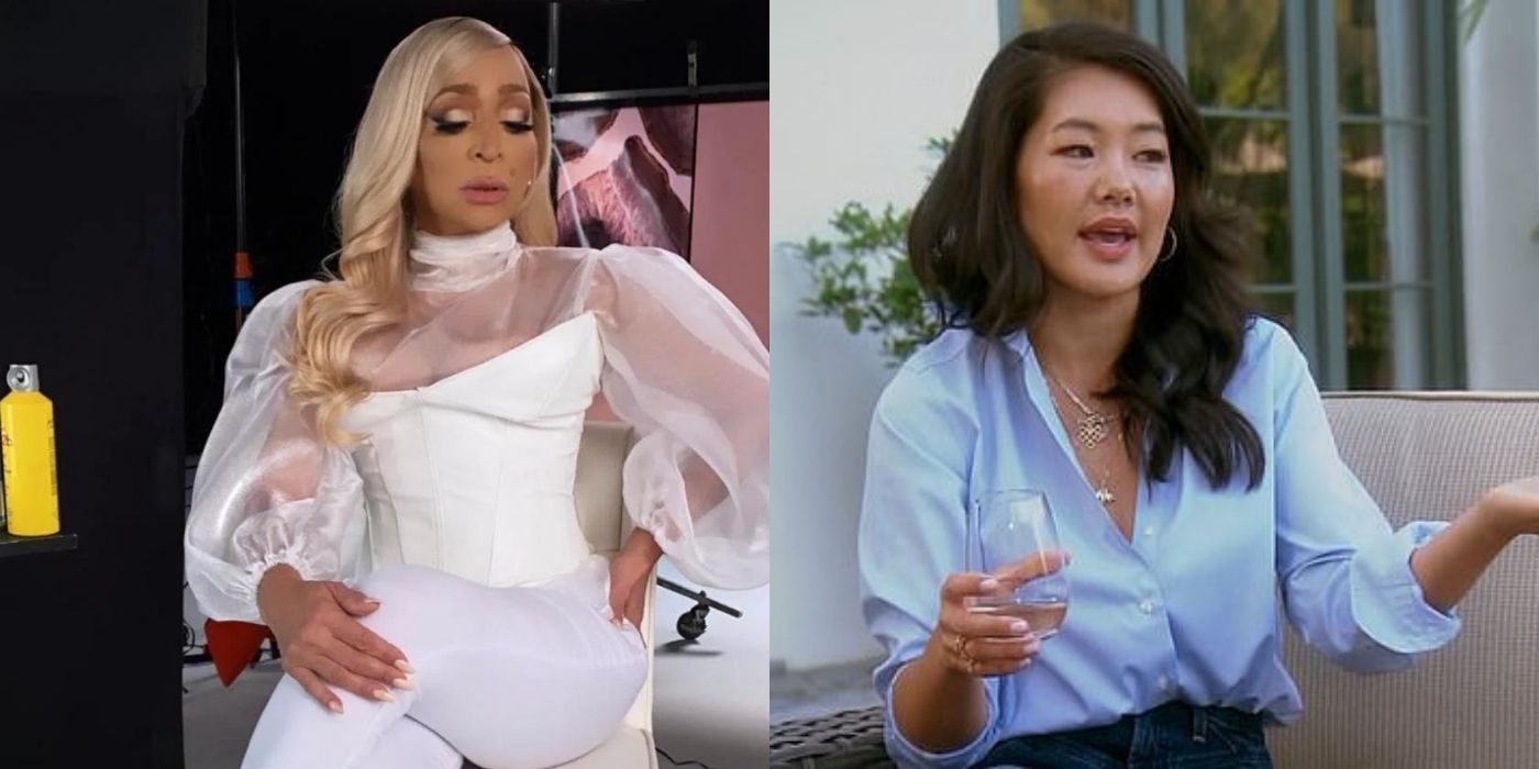 A split image of Karen from RHOP posing for her confessional and Crustal drinking wine in RHOBH