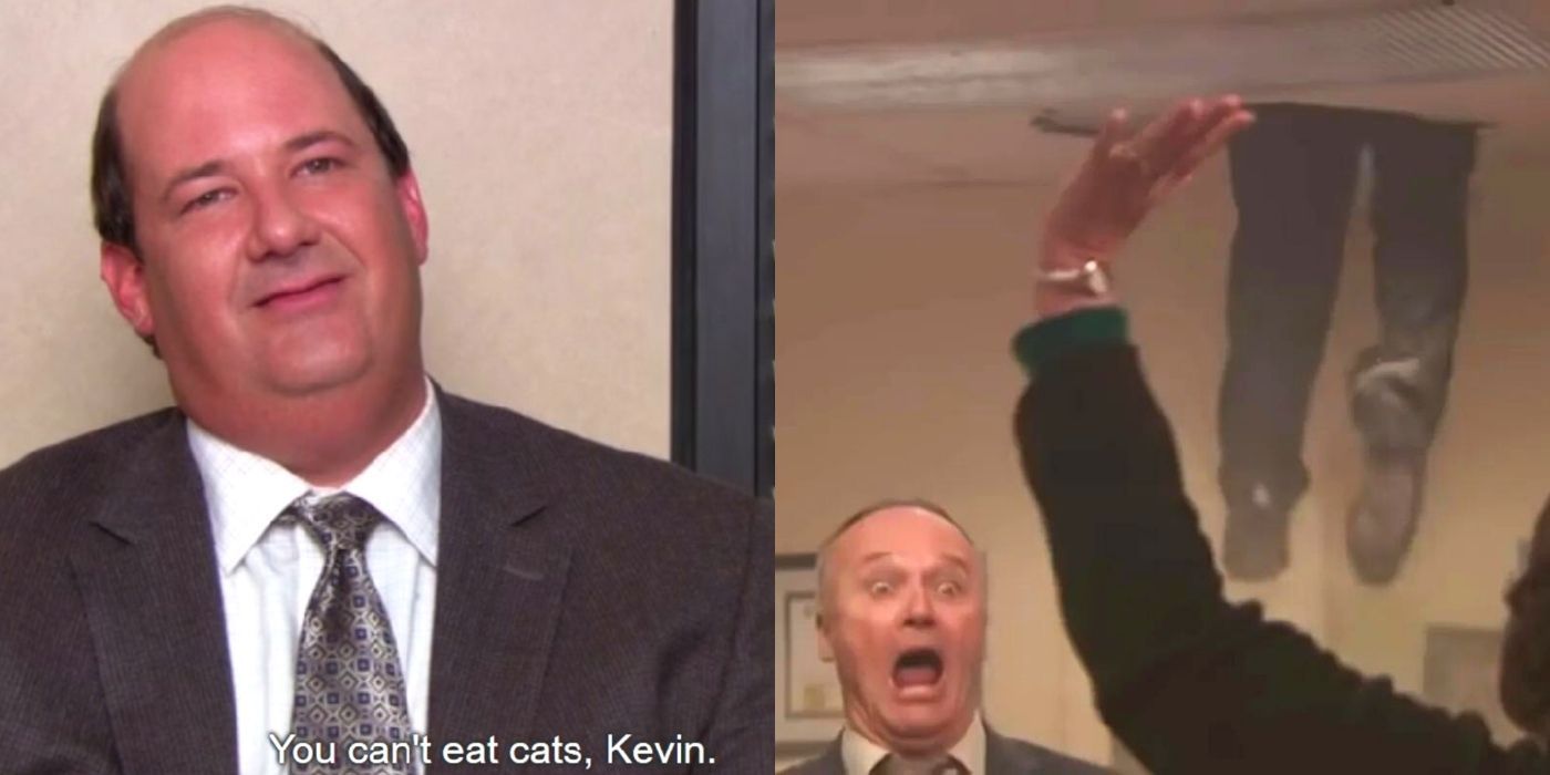 A split image of Kevin talking about cats and Creed screaming during a fire on The Office