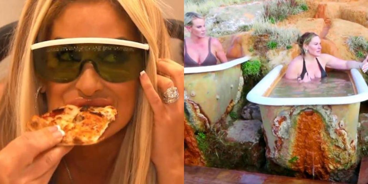 A split image of Kim Z eating pizza on RHOA and an image of Whitney and Heather in outdoor tubs on RHOSLC