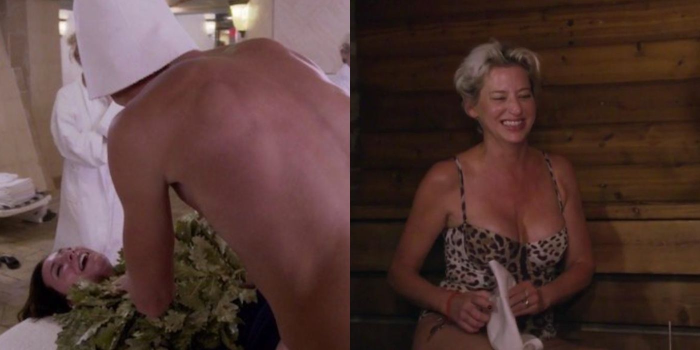 A split image of Luann and Dorinda at the bath house in RHONY
