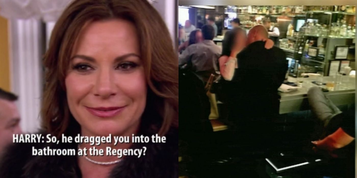A split image of Luann and her ex husband kissing another woman on RHONY