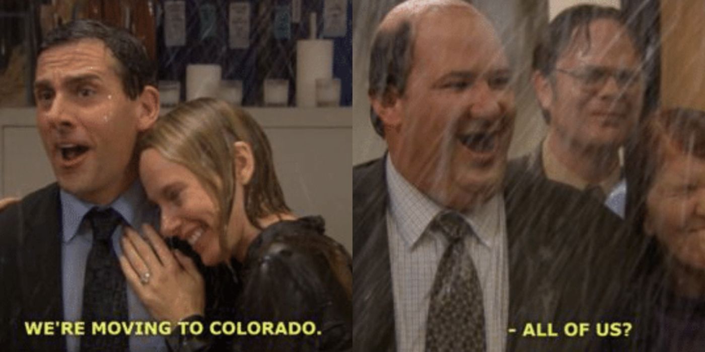 A split image of Michael and Hollys engagement in the office while Kevin asks if hes going to Colorado with them