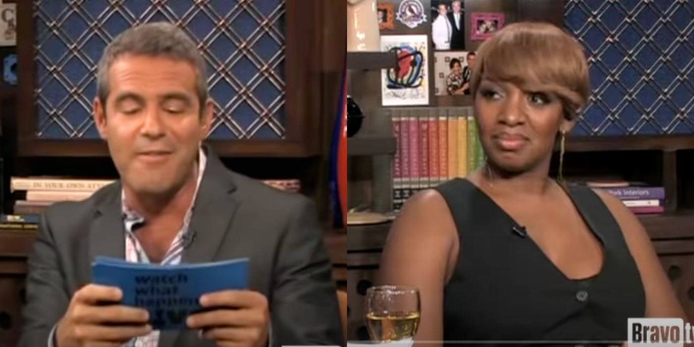 A split image of Nene Leakes and Andy Cohen on the set of WWHL