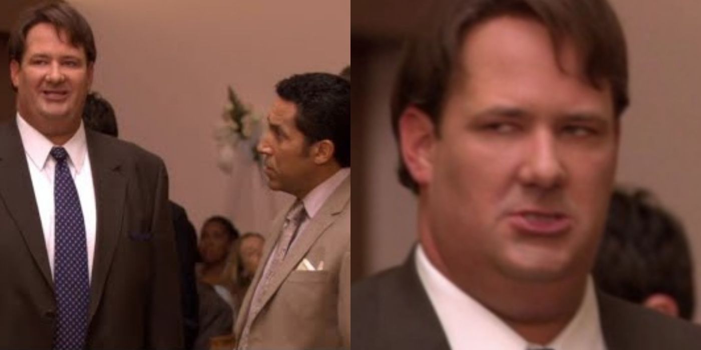 A split image of Oscar and Kevin at Pam's wedding on The Office