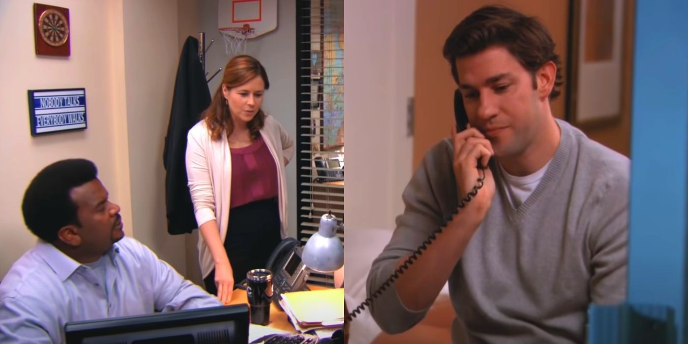 A split image of Pam and Darryl speaking to Jim on the phone while he's in the hotel on The Office