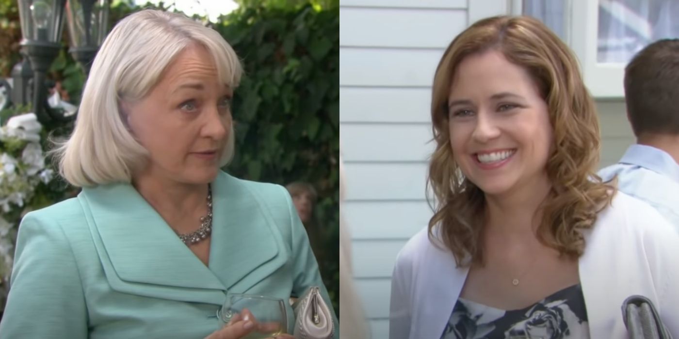 A split image of Pam talking to Roy's mom at Rory's wedding on The Office