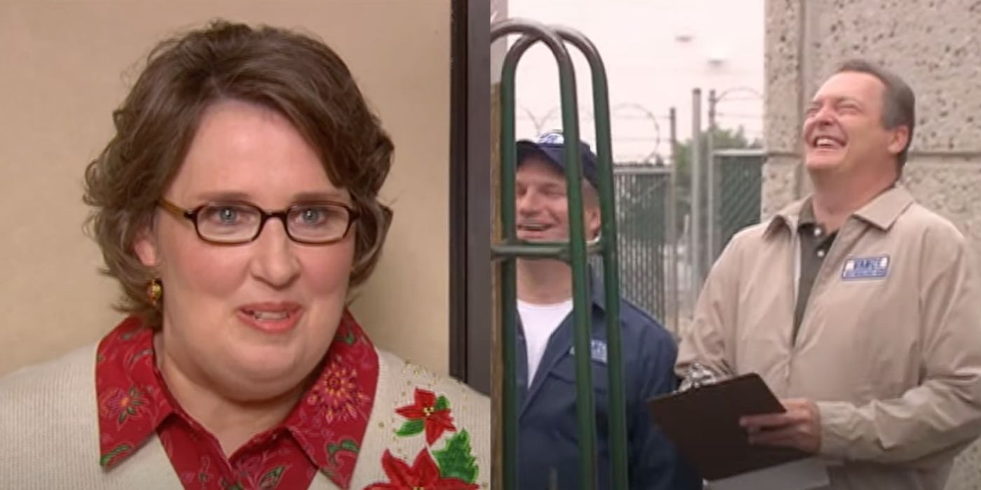 A split image of Phyllis in a talking head and her husband Bob Vance working outside on The Office