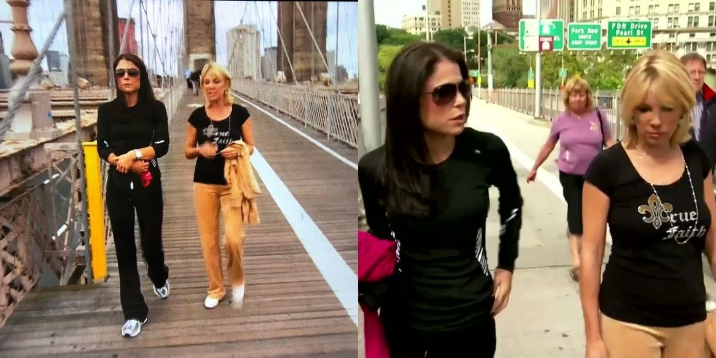 A split image of Ramona and Bethenny crossing the Brooklyn Bridge on RHONY