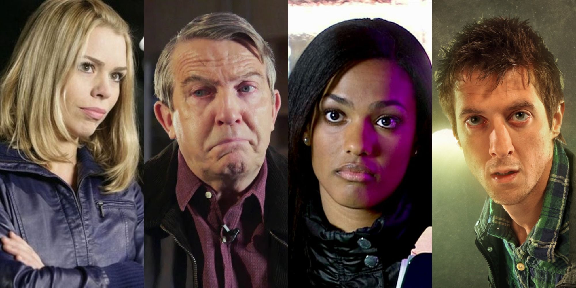 A split image of Rose Tyler, Graham O Brien, Martha Jones and Rory Williams in Doctor Who