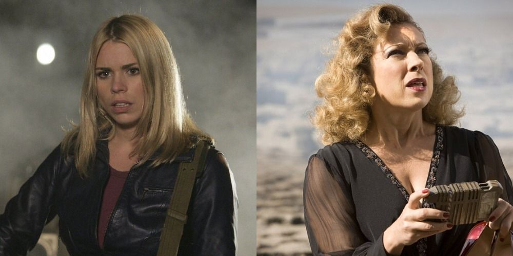 A split image of Rose Tyler holding a gun and River Song holding a device in Doctor Who