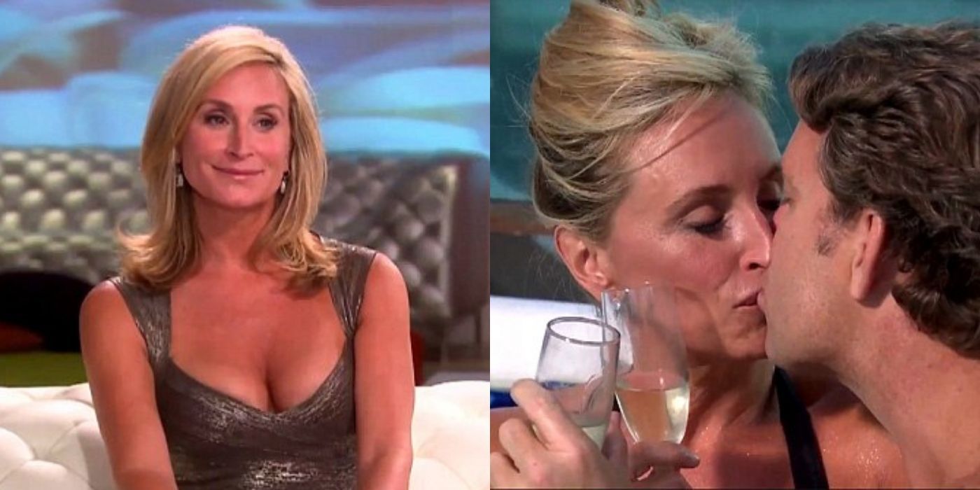 A split image of Sonja Morgan on Millionaire Matchmaker kissing a date