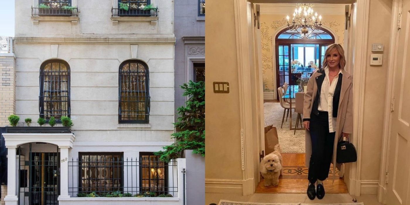 A split image of Sonja Morgan's townhouse and her standing with her dog Marley on RHONY