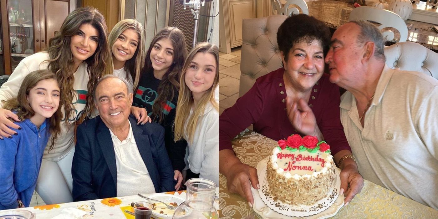 A split image of Teresa and her family hugging nonno and later nonno and nonna celebrating a birthday on RHONJ