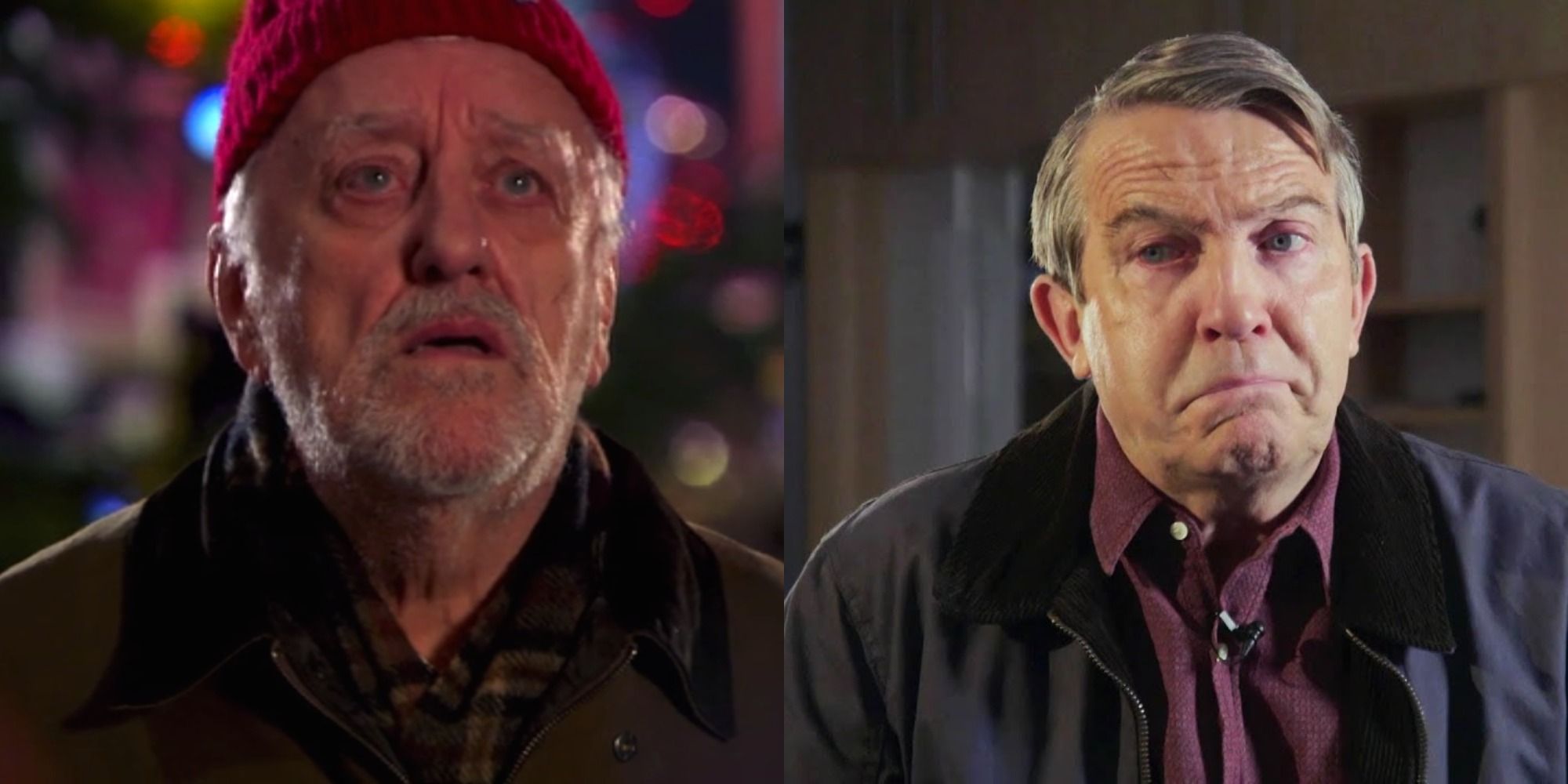 A split image of Wilfred Mott and Graham O'Brien looking shocked in Doctor Who