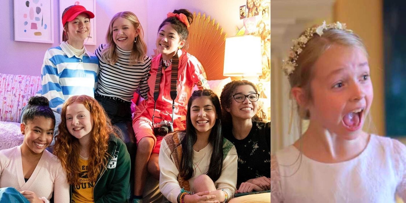 A split image of the group of girls from The Baby-Sitters Club and Karen Brewer