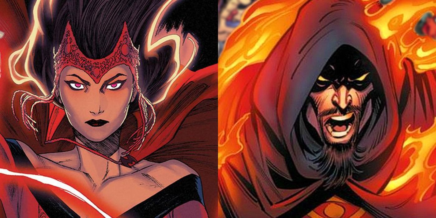 A split screen image of Dr Druid and Scarlet Witch.