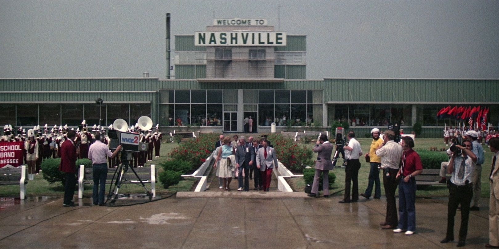 A wide shot of people walking in Nashville