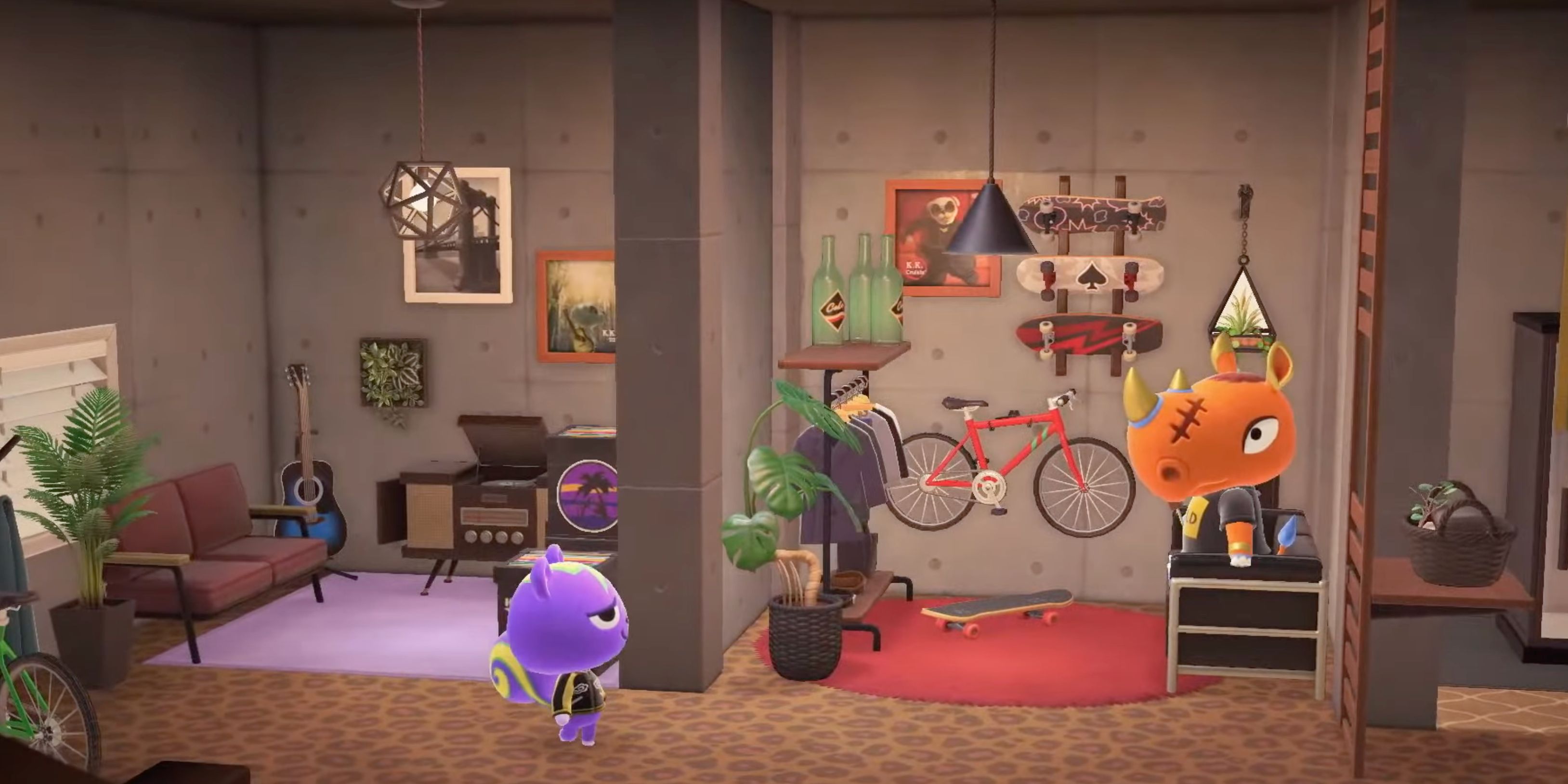 Two Animal Crossing characters are standing in a room with custom-made wall partitions so they look like roommates