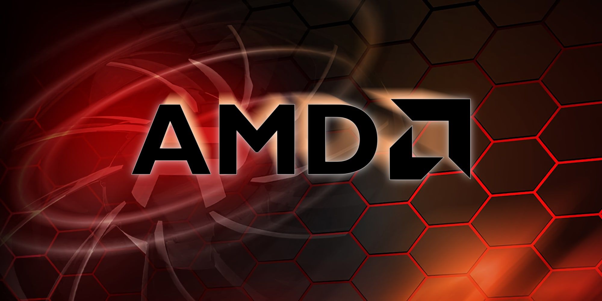 Logo AMD sur fond générique Radeon noir, orange et rouge
