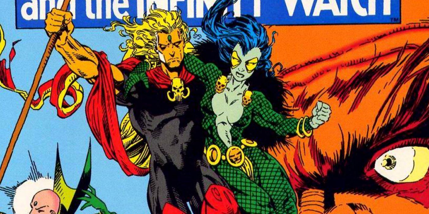 Adam Warlock and Gamora swing into battle in Marvel Comics.