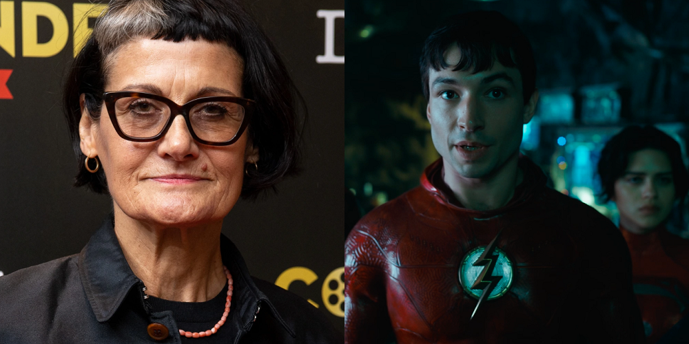 Costume desinger Alexandra Byrne and The Flash in The Flash
