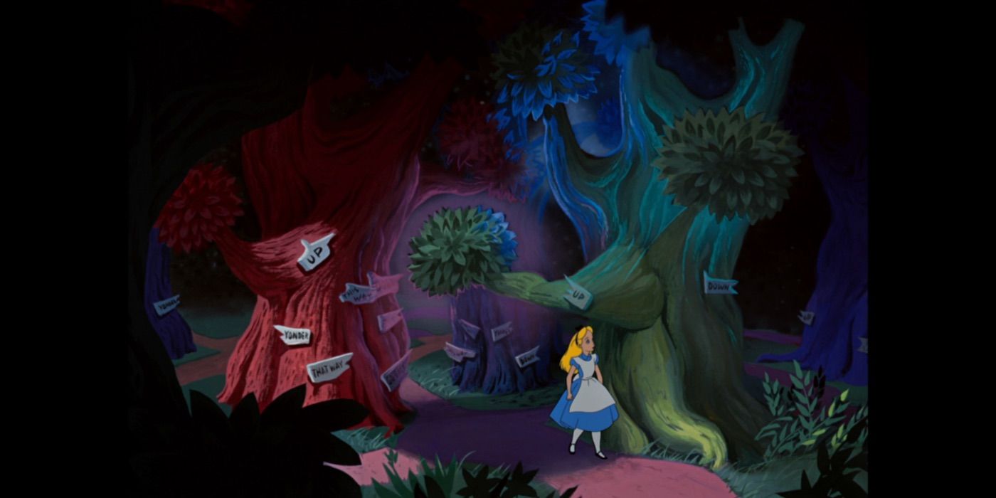 Alice strolls through Wonderland in Alice in Wonderland
