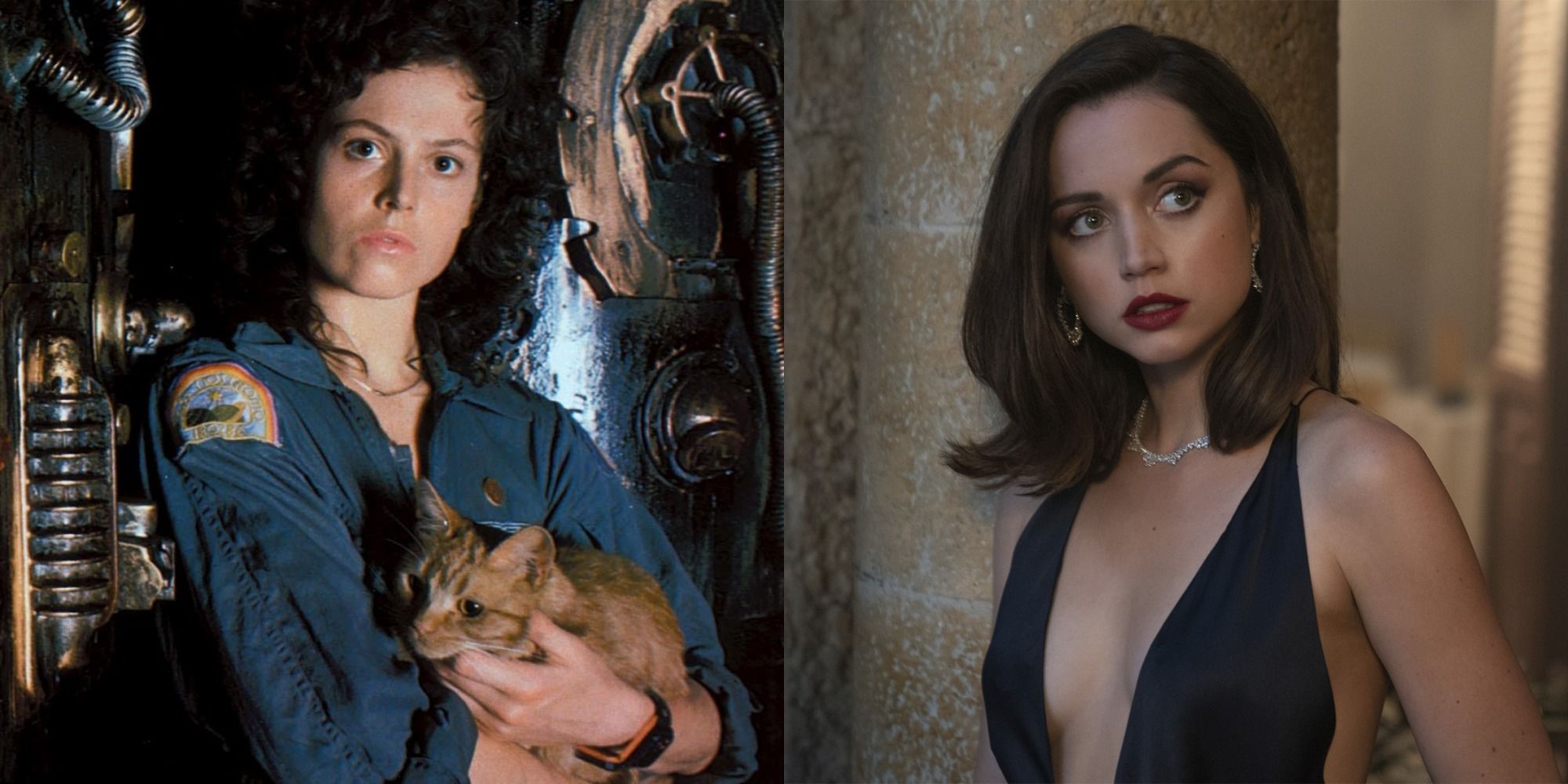Split image showing Ripley and Jones in Alien and Paloma in No Time to Die