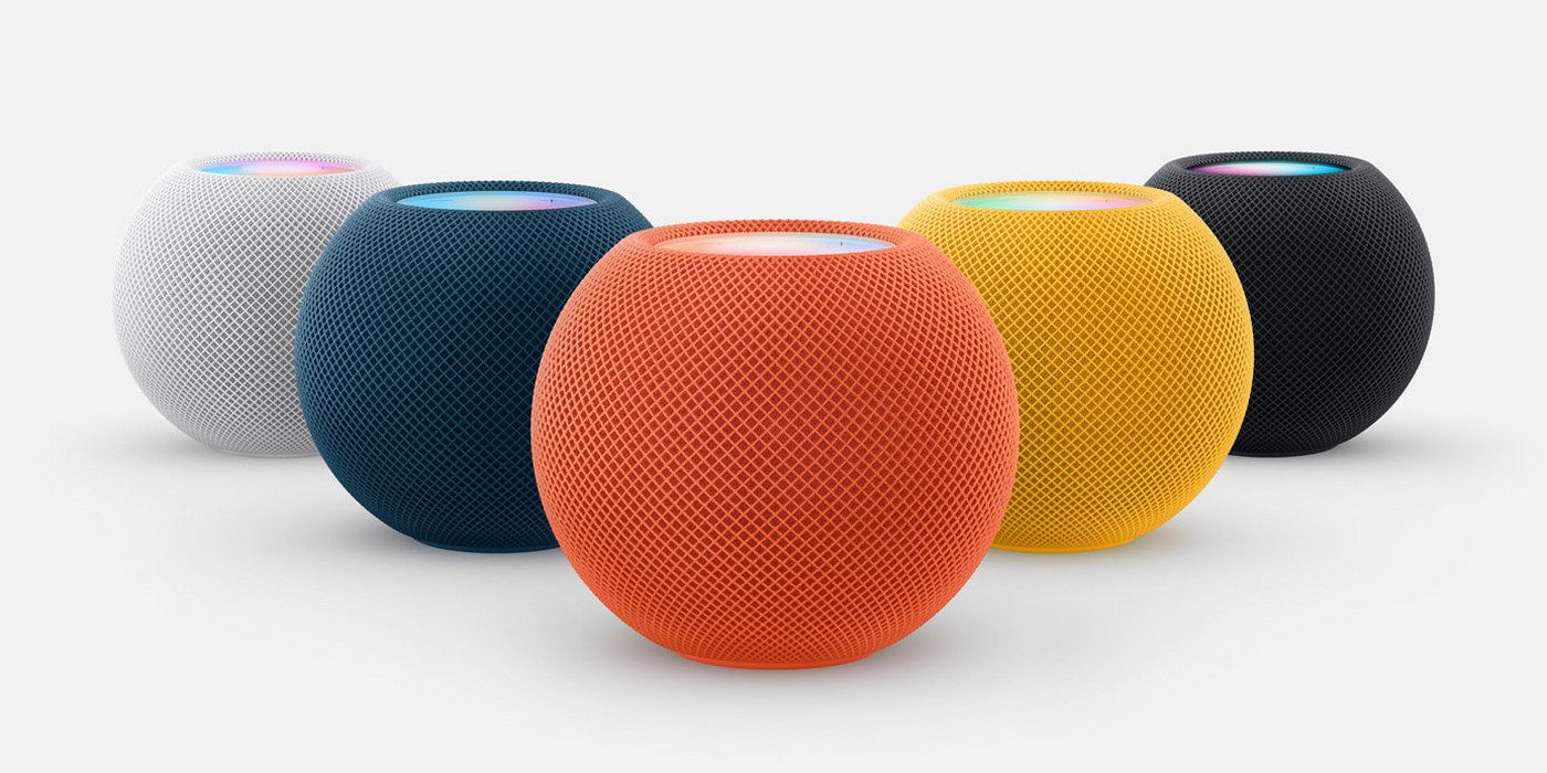A photo of the HomePod mini in White, Yellow, Orange, Blue, and Space Gray.