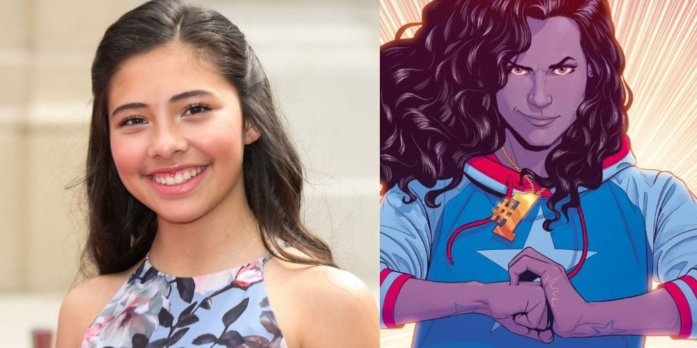 Xochitl Gomez actress next to future character America Chavez in comic form