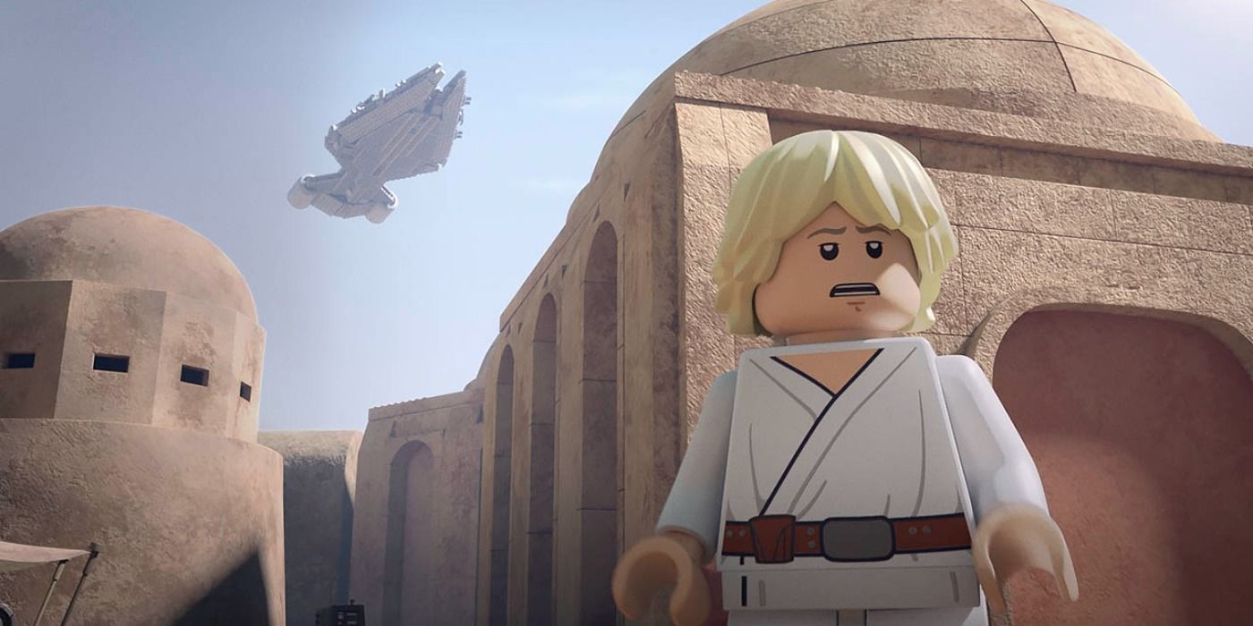An Imperial Light Cruiser above Luke on Tatooine in LEGO Star Wars Terrifying Tales