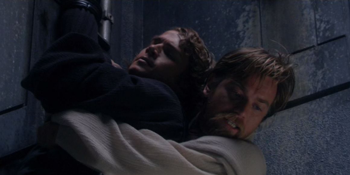 Anakin and Obi-Wan hanging in an elevator shaft