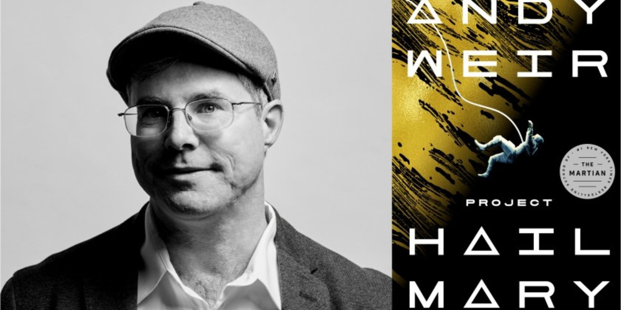 Split image showing author Andy Weir ad his book Project Hail Mary