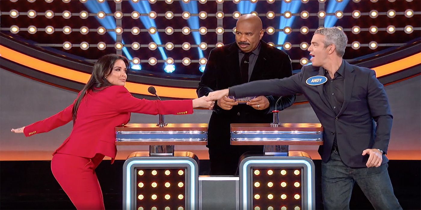 Andy cohen takes on Kyle Richards while Steve Harvey watches on family feud
