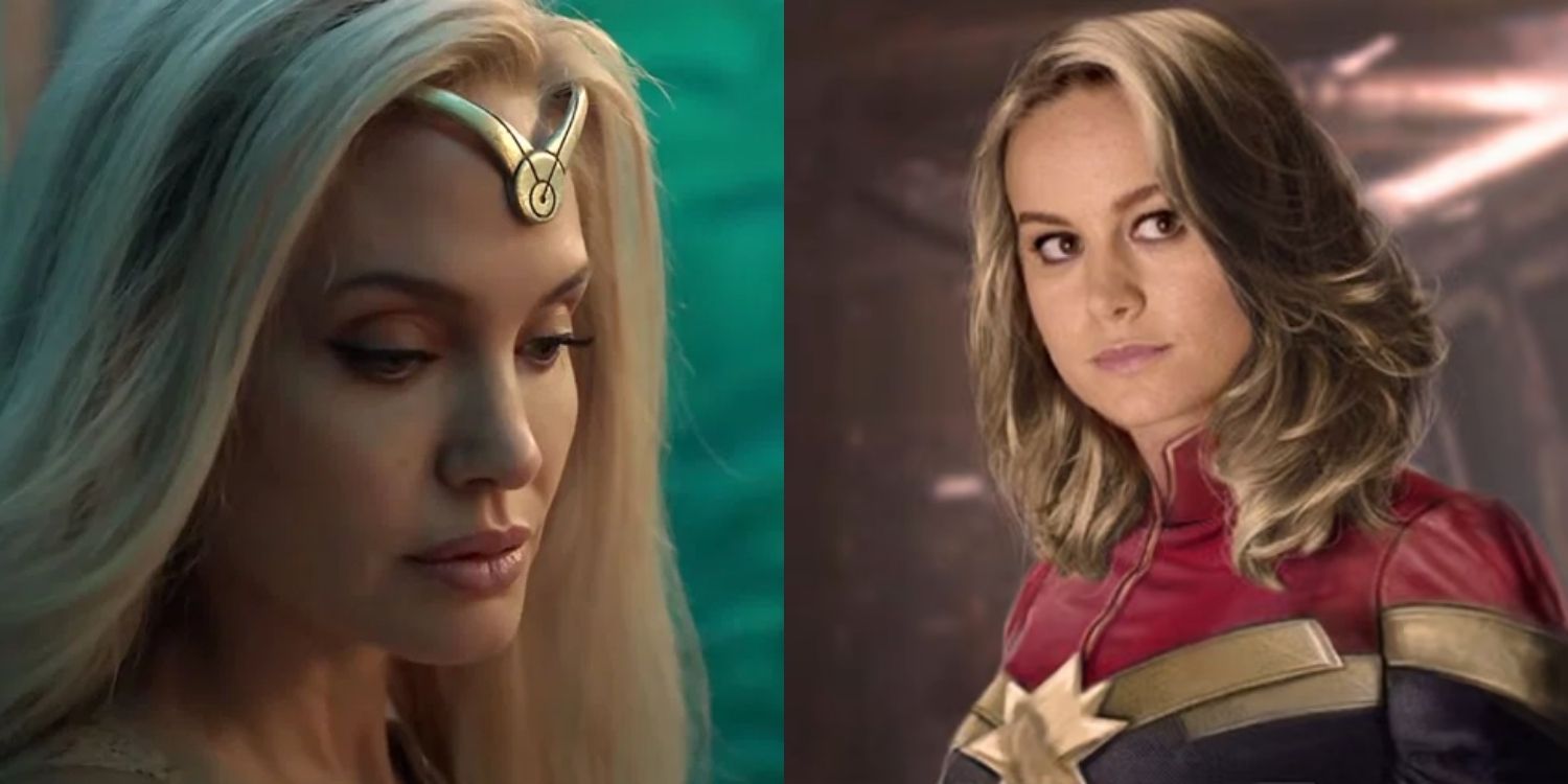 Angelina Jolie and Brie Larson in a Marvel Superheroes split image