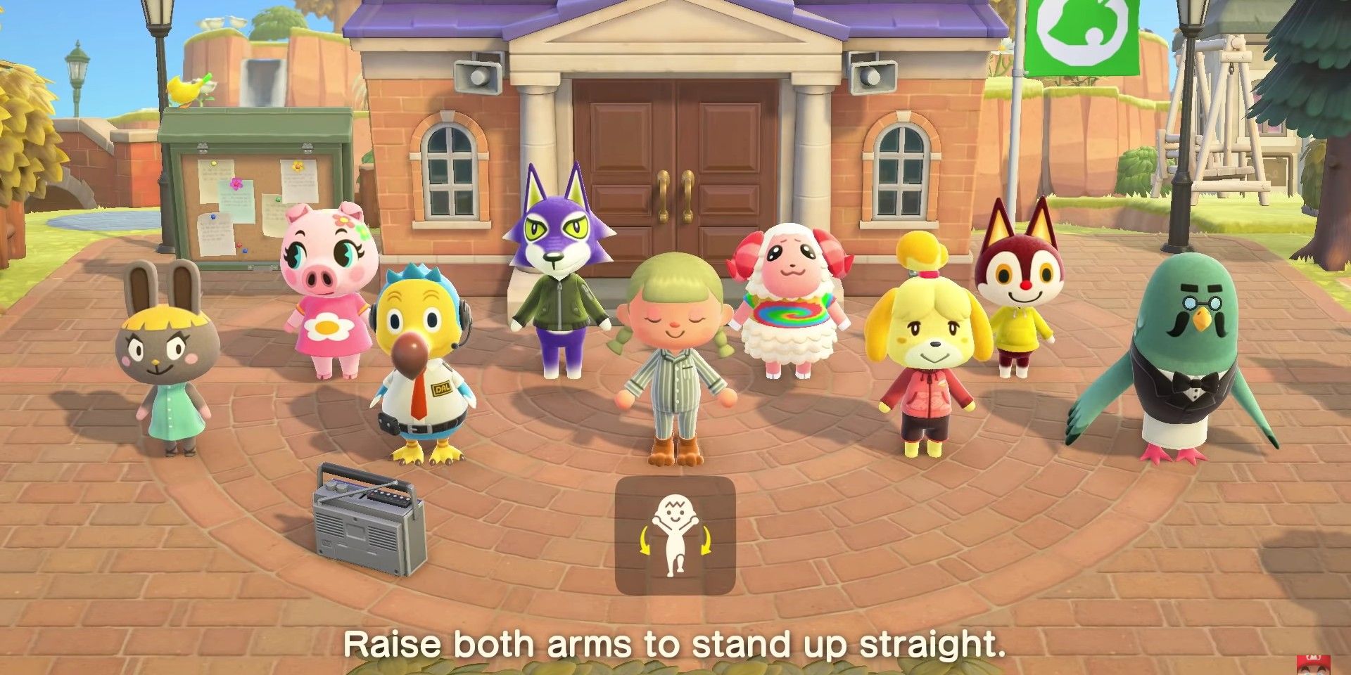 A group of villagers stretching in the twon square in Animal Crossing