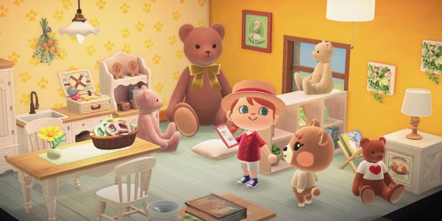 The Happy Home Paradise Maple stands with her teddy bears in Animal Crossing New Horizons.