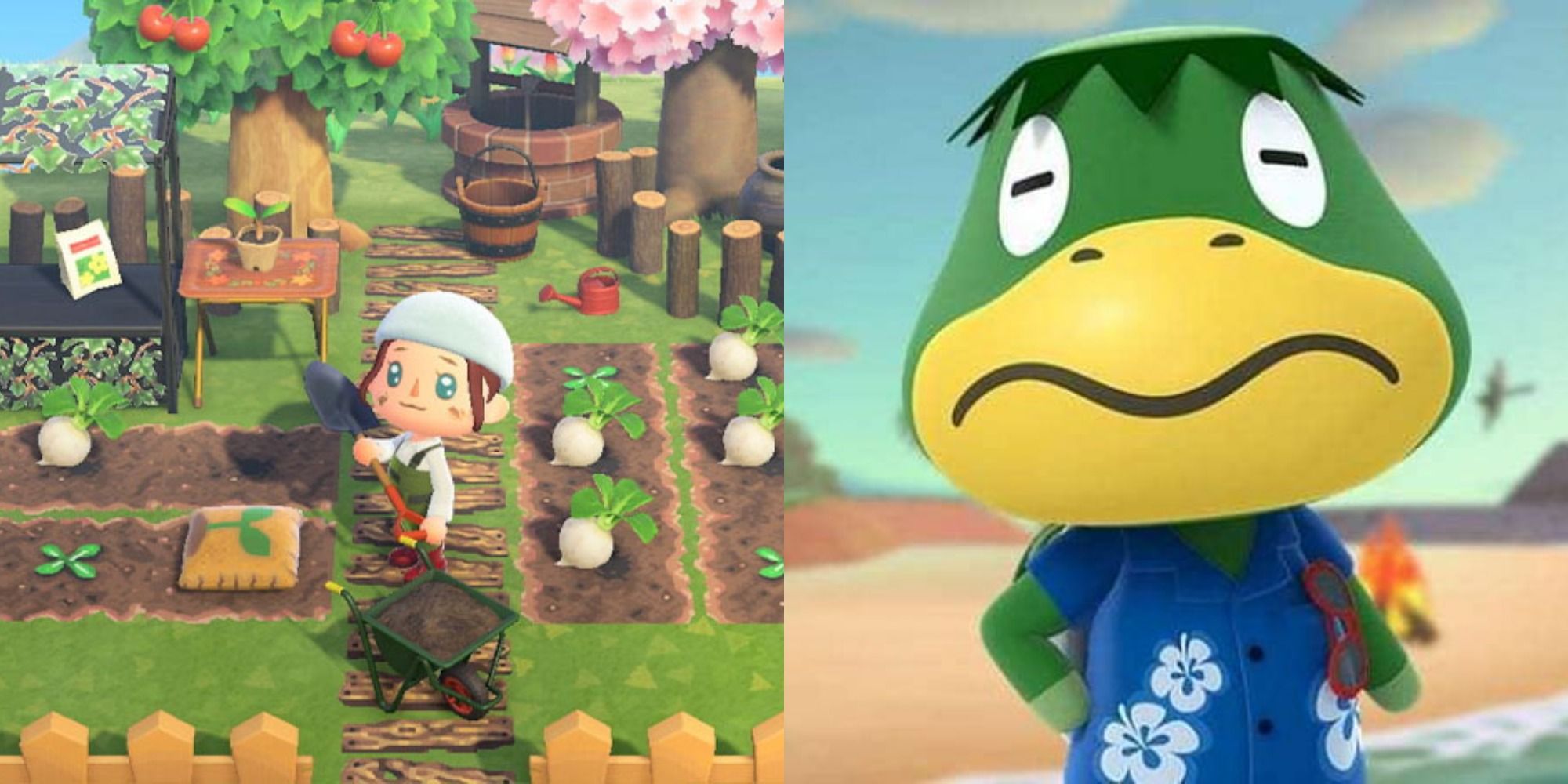 Split image a character in pajamas in a field & Kapp in Animal Crossing: New Horizons.