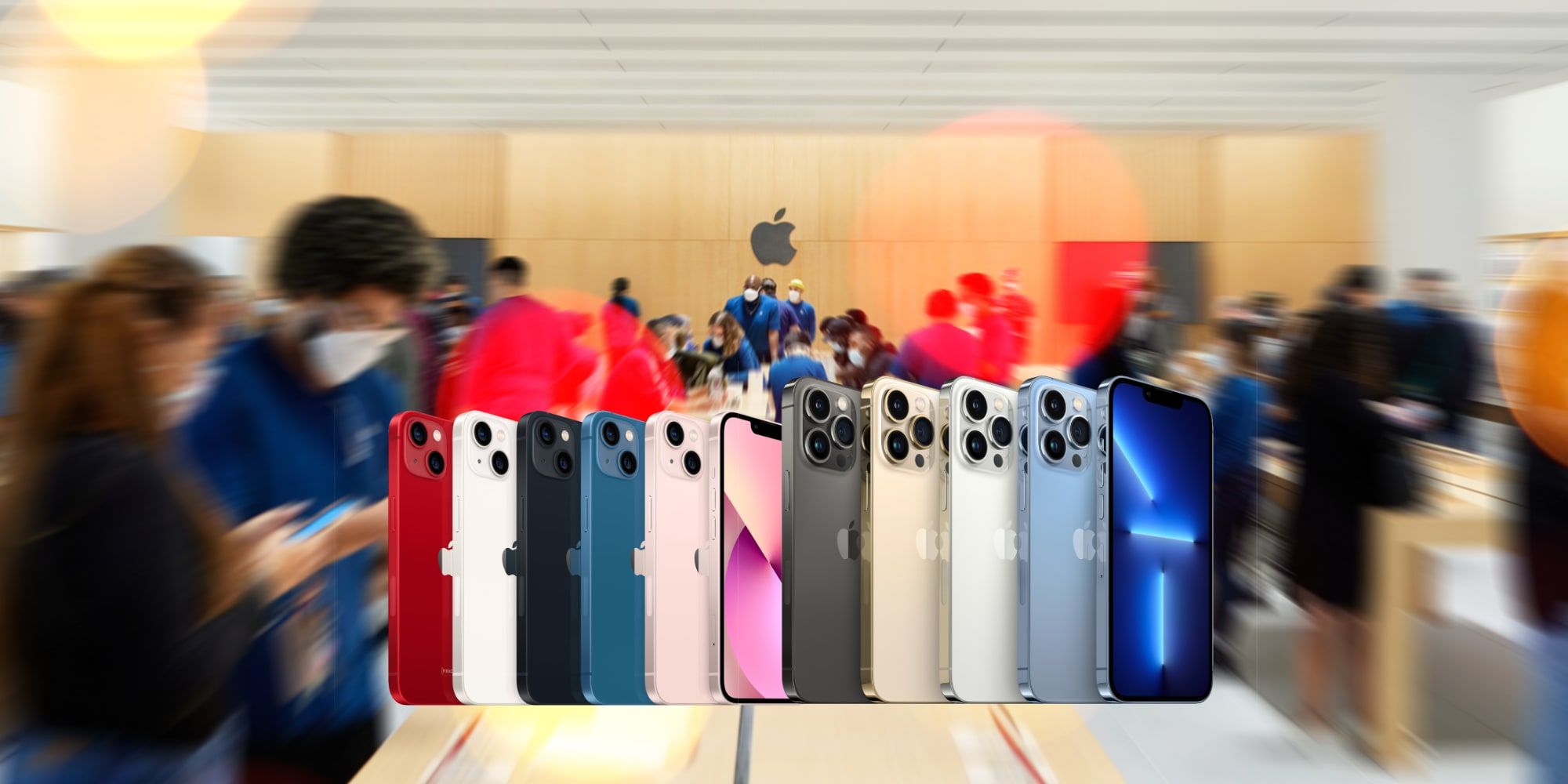 Apple iPhone 13 And 13 Pro Lineup Overlaid on Apple Store Interiror