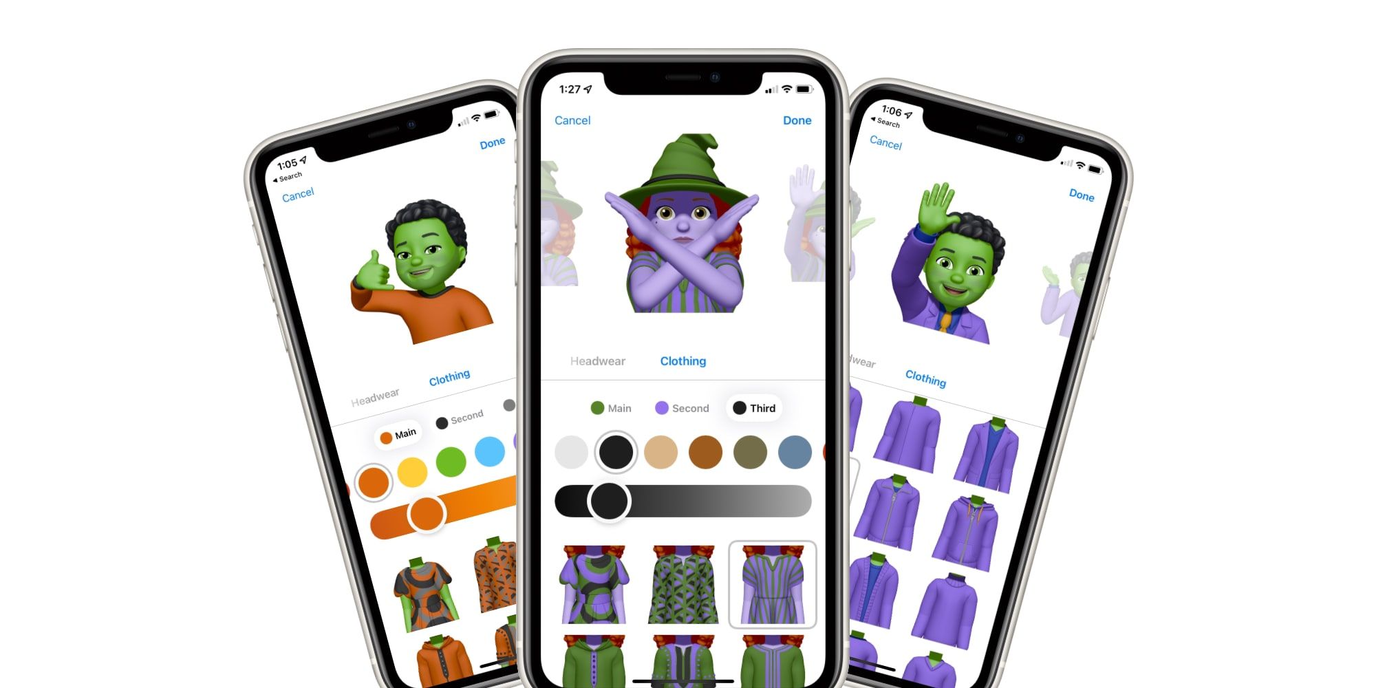 Screenshot of three memojis in iPhone on a white background