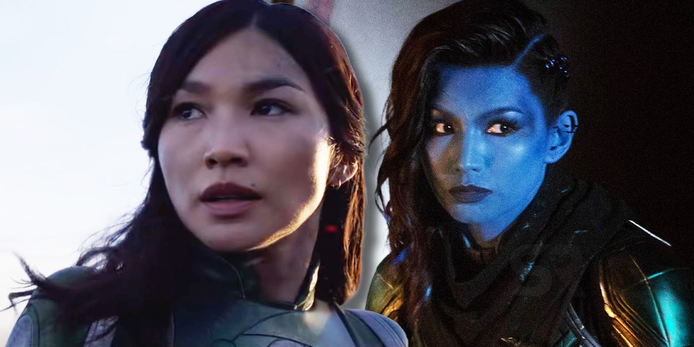 Split image of Gemma Chan in Eternals and Captain Marvel movies.