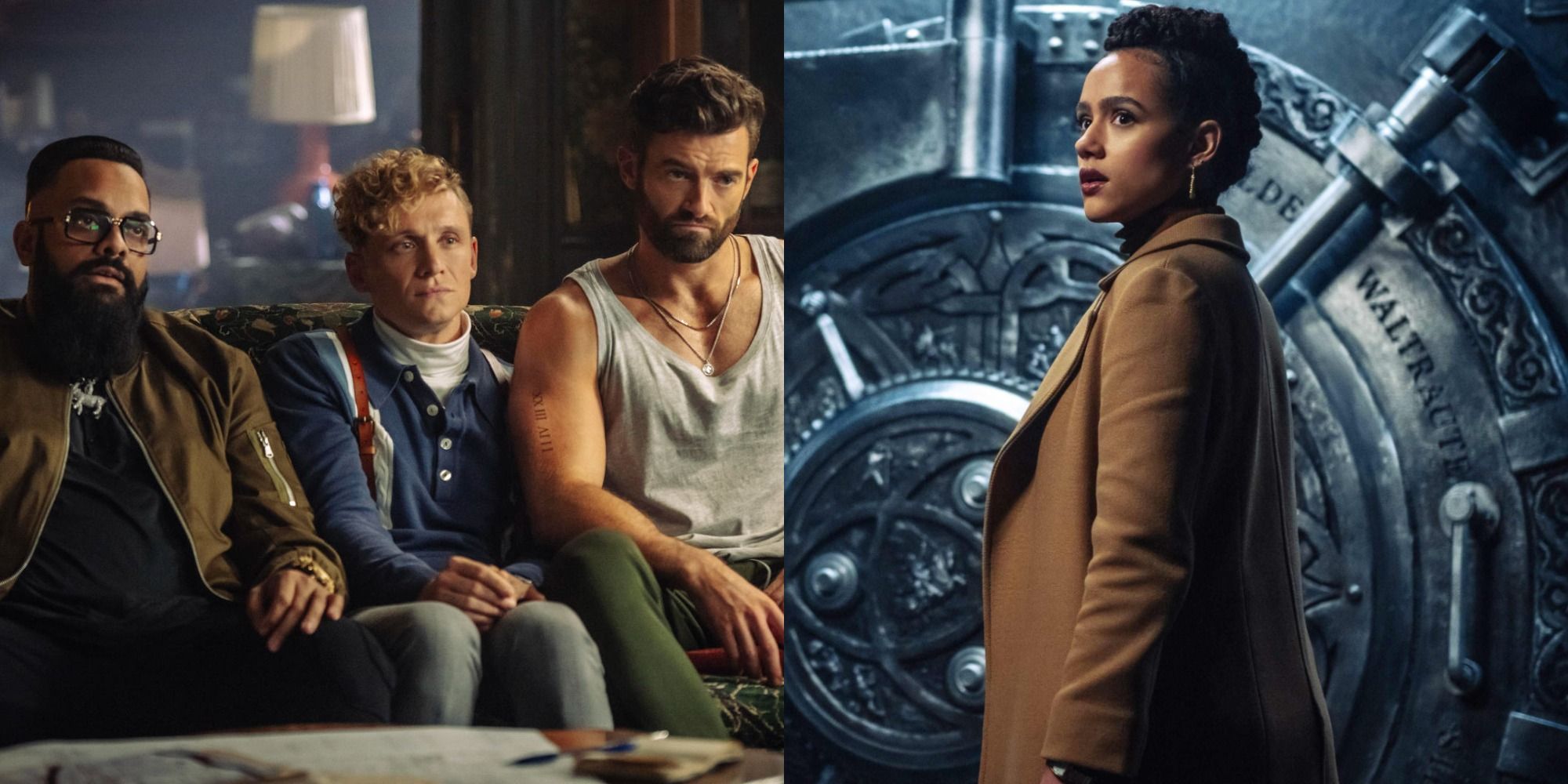 Split image of Rolph, Ludwig and Brad on the couch and Gwendoline in front of a safe in Army of Thieves