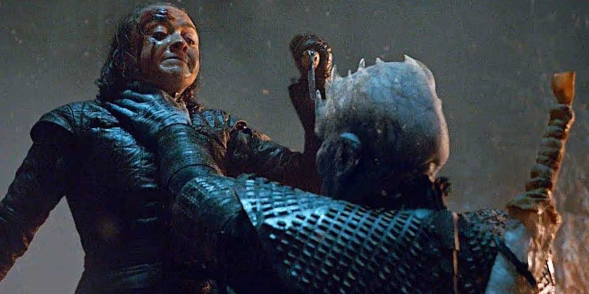 The Nigh King holding Arya up by throat as she tries to stab him on Game Of Thrones