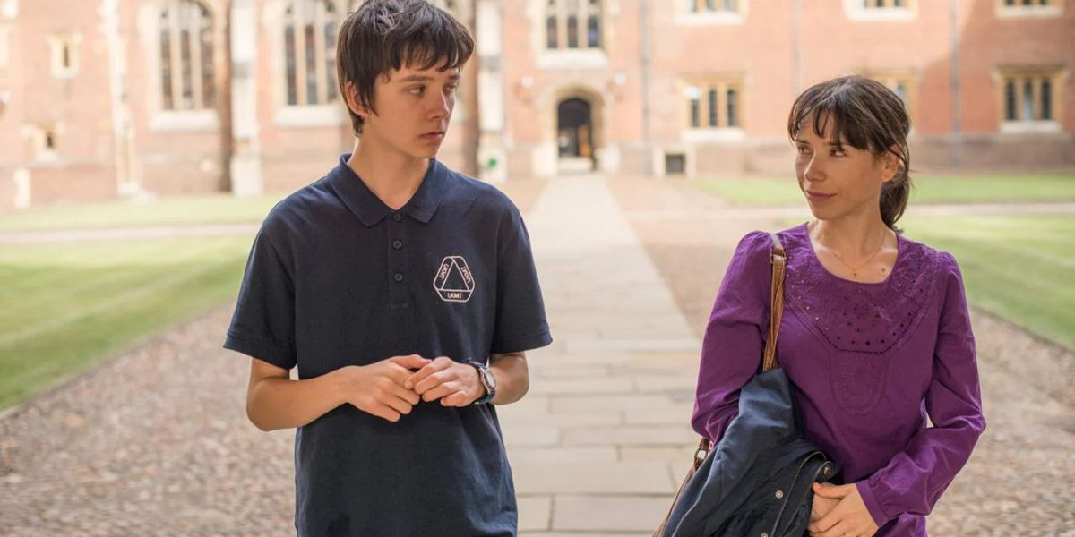 Nathan (Asa Butterfield) talking with Julie (Sally Hawkins) outside of school in X+Y