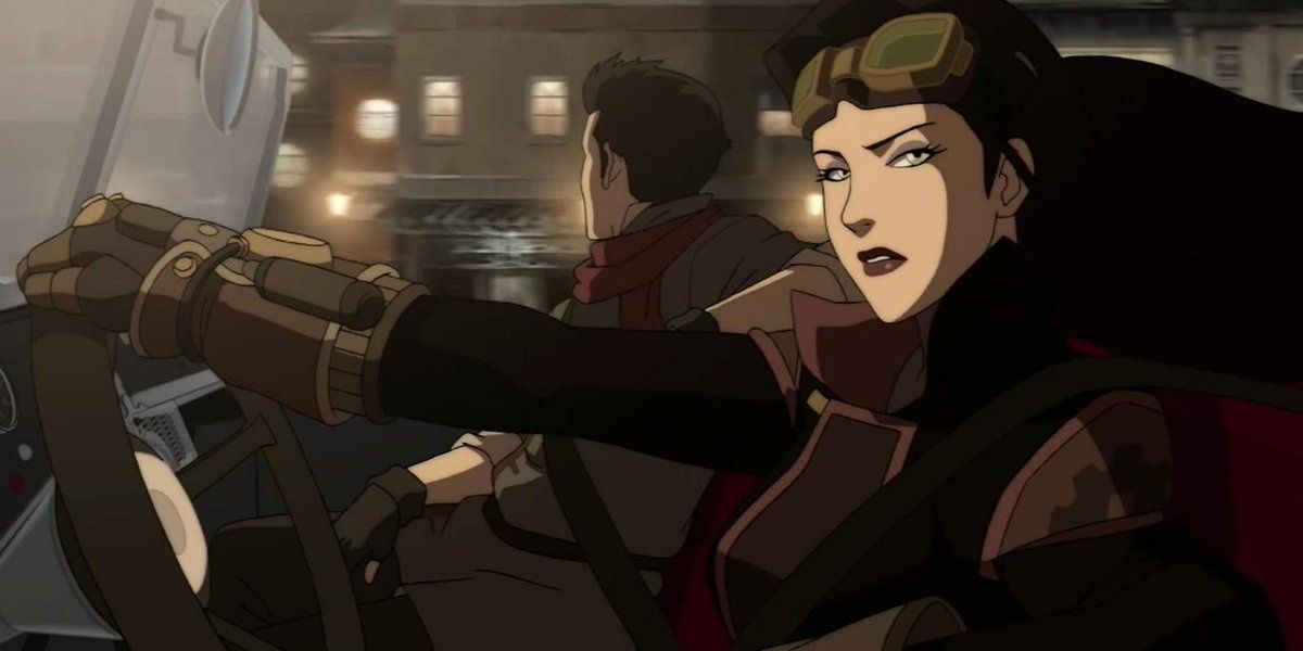 Asami driving Mako in her automobile