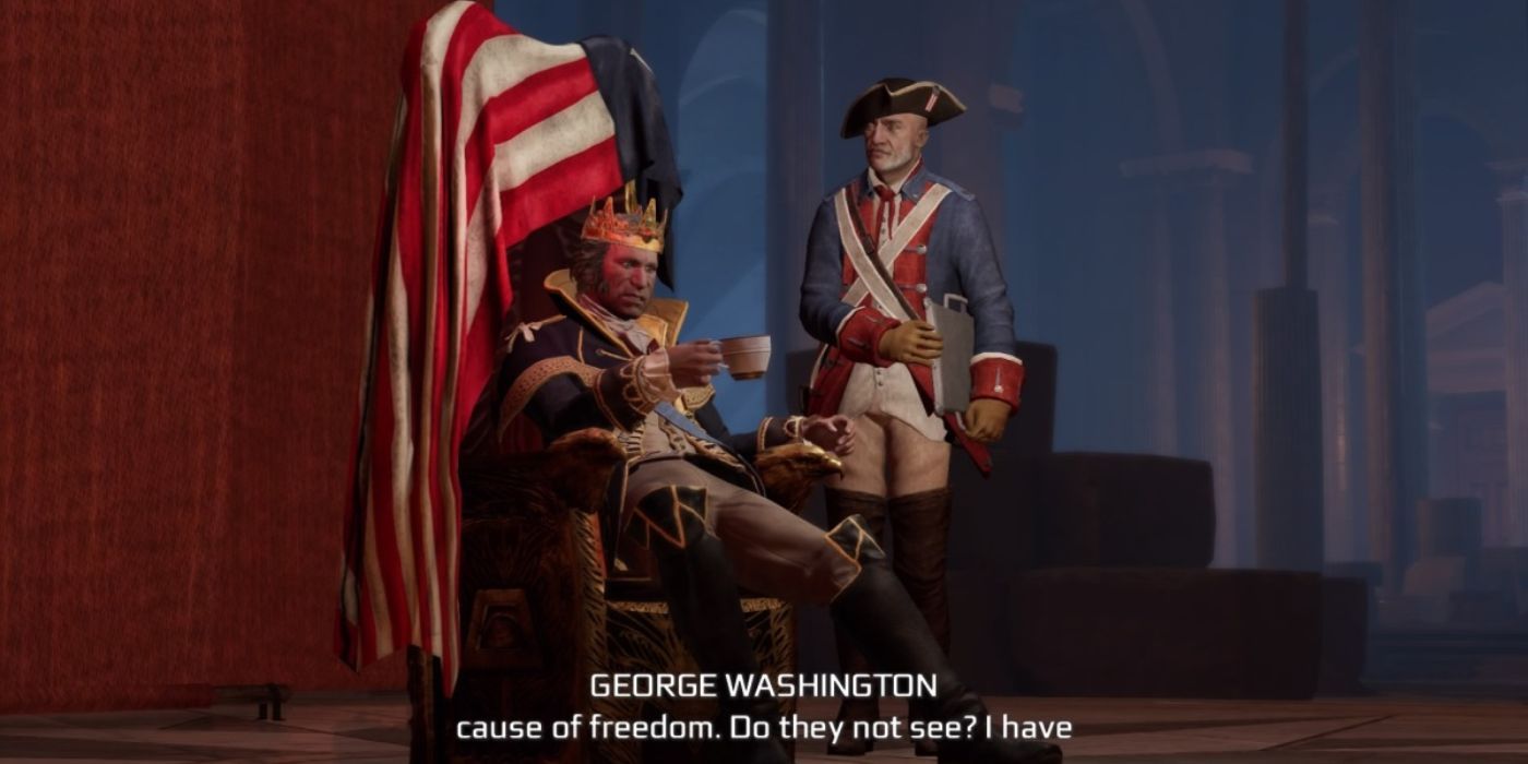 George Washington sits on his throne in The Tyranny of King Washington.