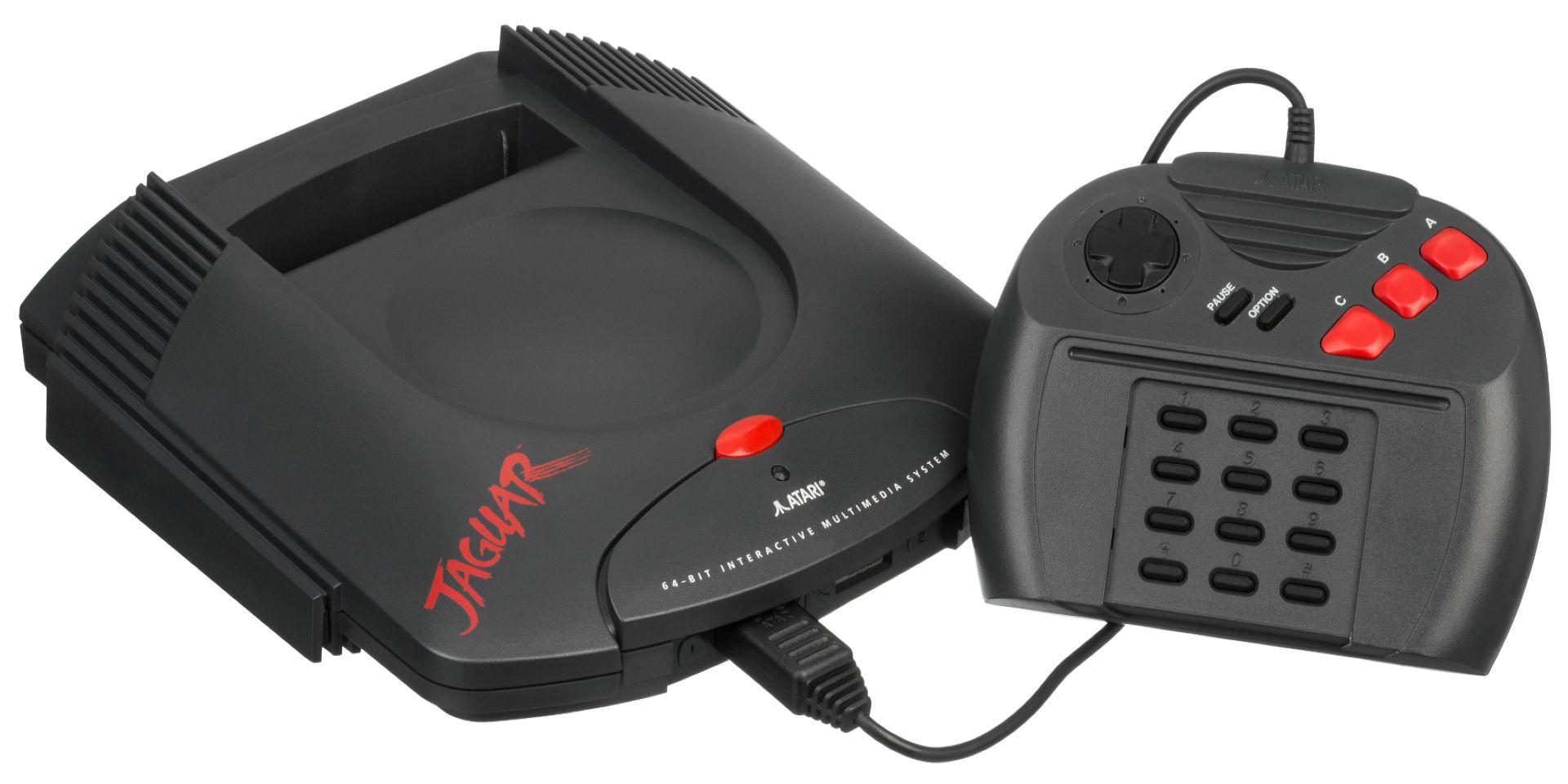 An image of the Atari Jaguar system with one controller.