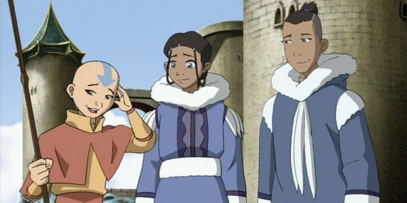 Aang, Katara, and Sokka stand and smile together in Avatar: The Last Airbender.