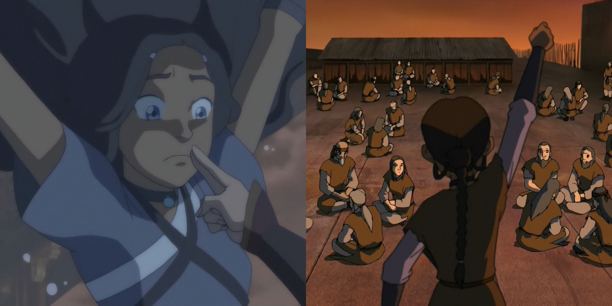 Split image showing Katara lifting her arms and floating, and her giving a speech to a crowd in Avatar The Last Airbender