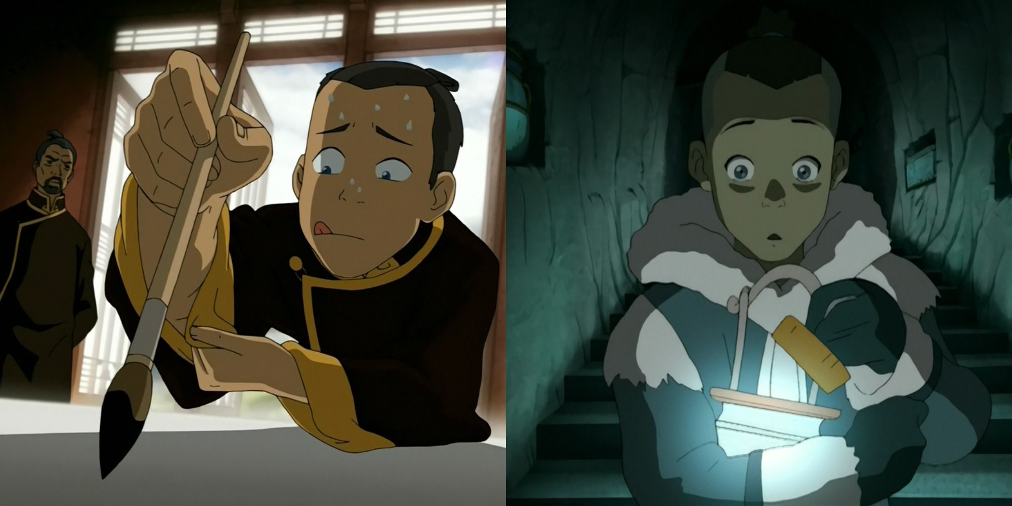 Split image showing Sokka struggling, and him looking confused in Avatar: The Last Airbender
